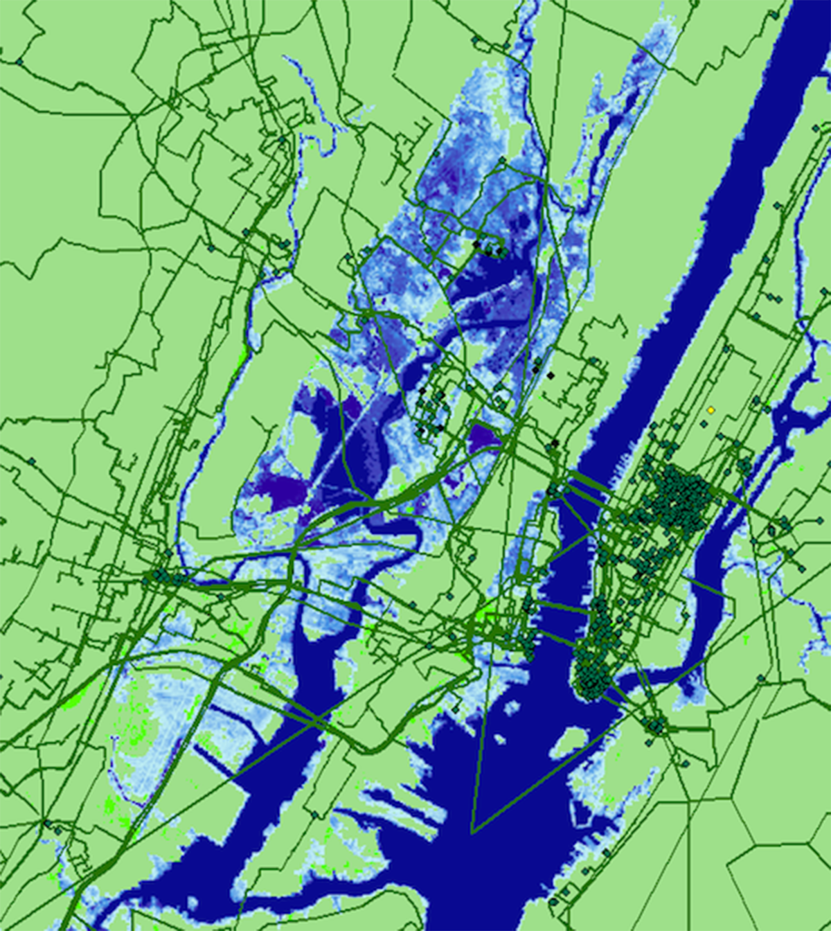 Proyecciones de la inundación por agua de mar en Nueva York en 2033 y su efecto en las infraestructuras de Internet. Las zonas azules indican las partes de la ciudad que quedarán sumergidas. Paul Barford.
