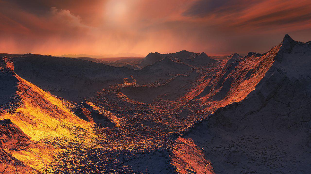 Ilustración de la superficie de una supertierra orbitando a la estrella de Barnard. ESO.