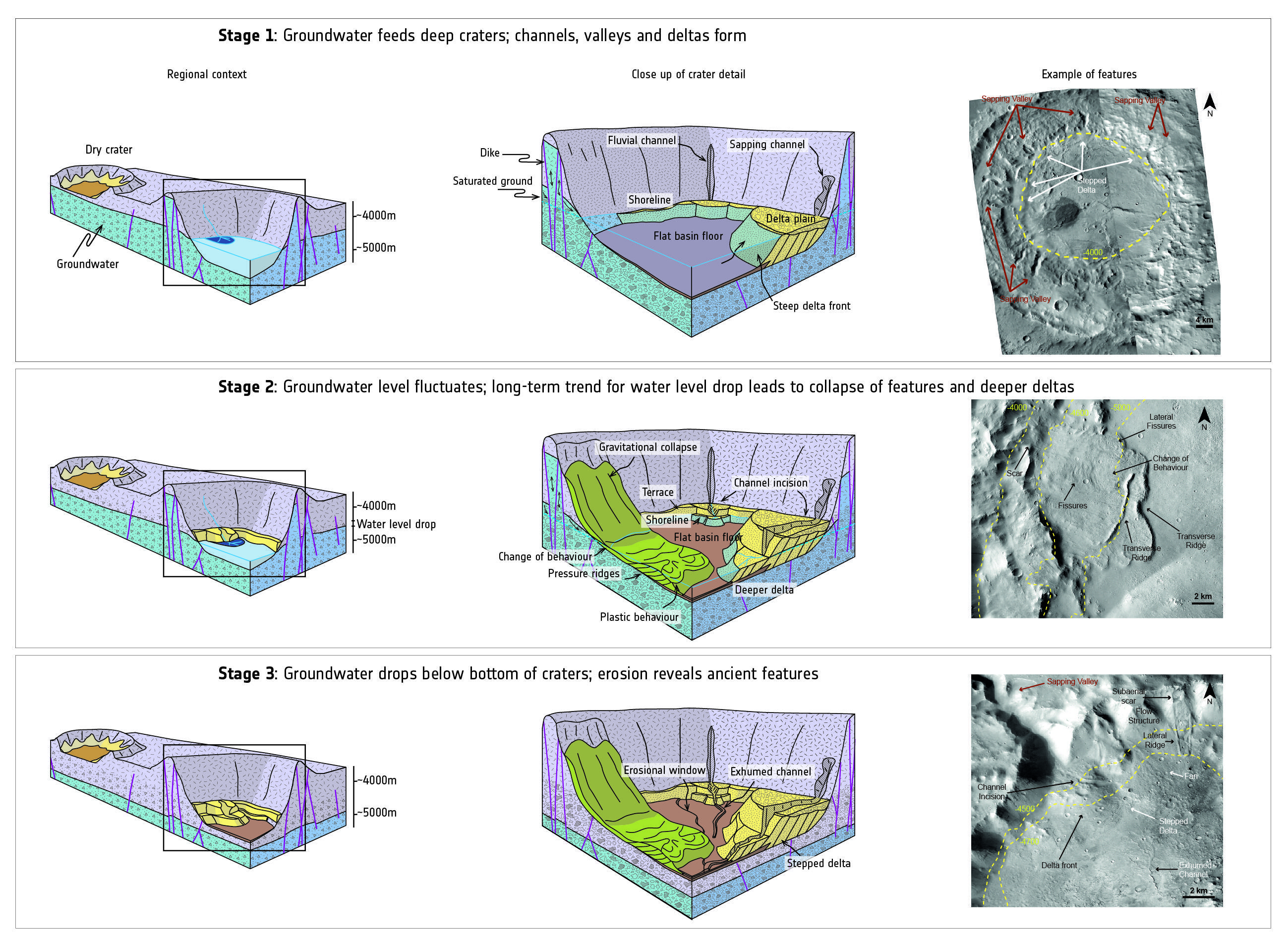 Modelo de cómo evolucionaron las cuencas de cráteres en Marte a lo largo del tiempo y cómo una vez retuvieron el agua. Hay tres etapas principales: en la primera (parte superior), la cuenca del cráter está inundada de agua y características relacionadas con el agua: deltas, valles, canales, costas, etc., que se forman en su interior. En la segunda etapa (centro), el nivel del agua en todo el planeta cae y, como resultado, surgen nuevas formas de relieve. En la etapa final (parte inferior), el cráter se seca y se erosiona, y se revelan las características formadas durante los últimos miles de millones de años. Créditos: NASA / JPL-Caltech / MSSS; Diagrama adaptado de F. Salese et al. (2019)