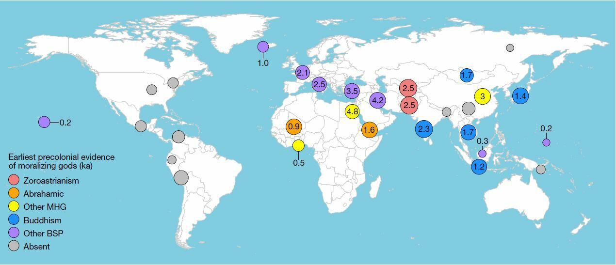 Este mapa recoge la ubicación de las 30 regiones del mundo etiquetadas según la presencia pre-colonial de dioses moralizantes en sus respectivas culturas. Los números indican los miles de años de antigüedad. Los colores el tipo de dioses. Créditos: Harvey Whitehouse et al.