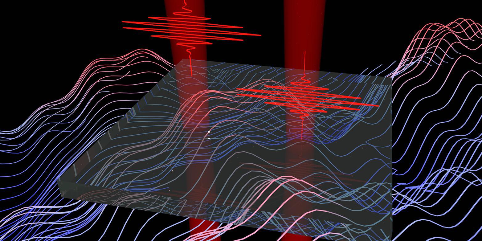 Las fluctuaciones de vacío del campo electromagnético (líneas de color) se pueden medir a través de su efecto en dos rayos láser (en rojo) que se propagan a través de un cristal . (Recreación: ETH Zurich)