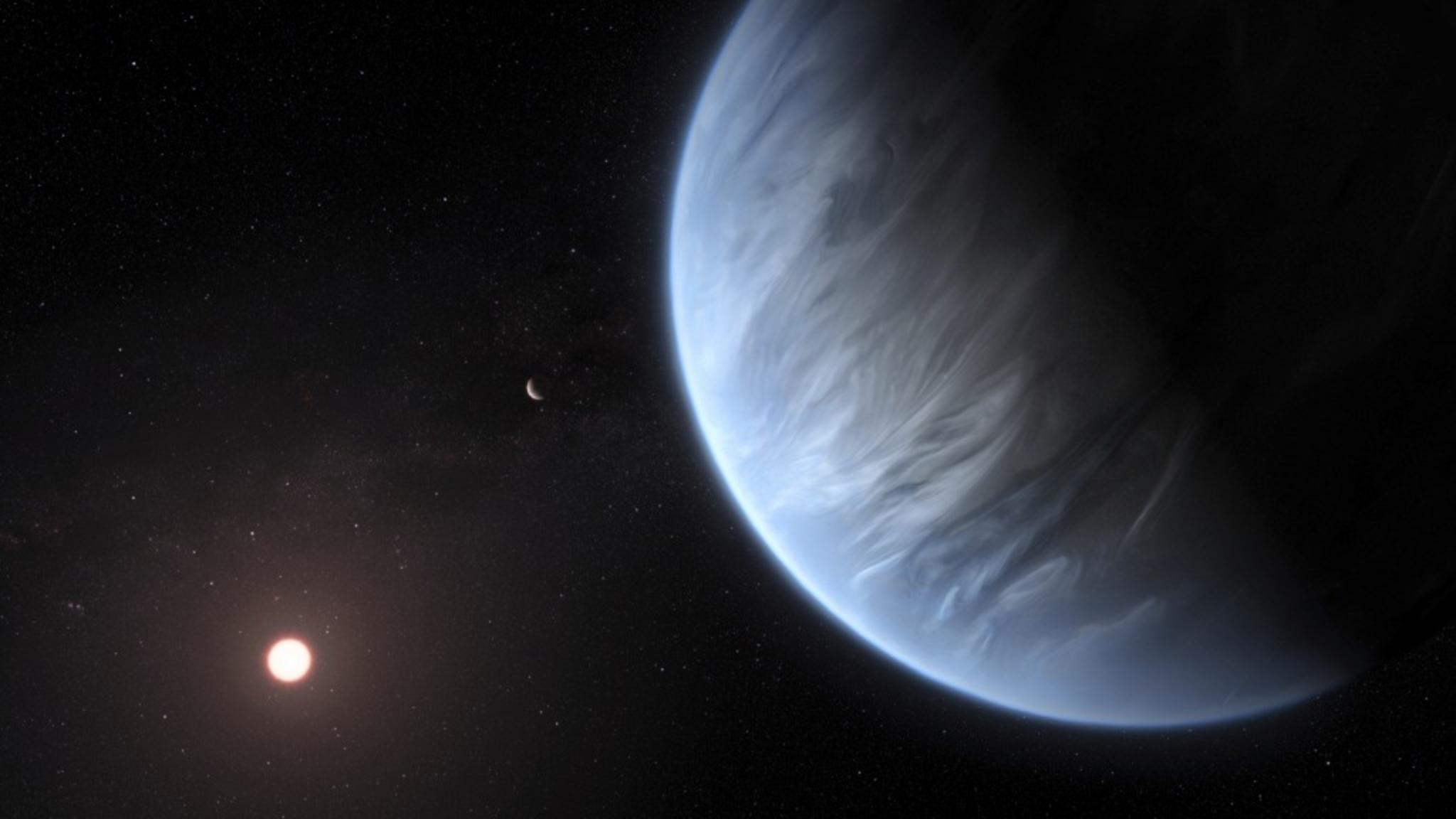 La atmósfera de K2-18b, que tiene dos veces el tamaño de la Tierra, podría contener nubes de lluvia (ilustración artística). ESA / HUBBLE / M. KORNMESSER