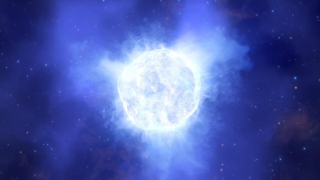 Esta ilustración muestra el aspecto que podría haber tenido la estrella variable luminosa azul de la galaxia enana Kinman antes de su misteriosa desaparición. Crédito: ESO/L. Calçada