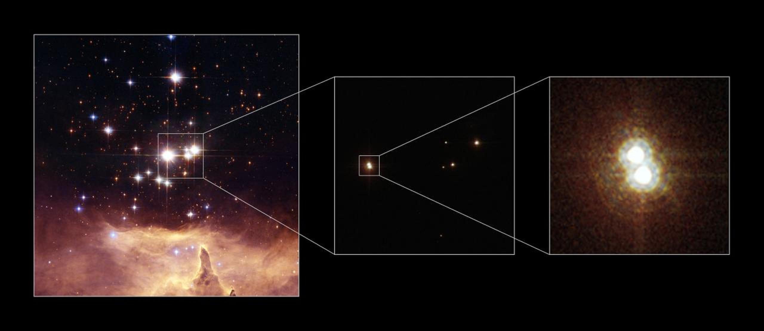 Pismis 24-1, un sistema múltiple de estrellas masivas. A principios de este siglo se estimó que su masa estaba entre 210 y 291 veces la del Sol. Observaciones más recientes muestran Pismis 24-1 como dos fuentes puntuales claramente separadas, NE y SW. Además, una de las dos fuentes puntuales es en realidad un sistema de dos estrellas, elevando el número total a tres. Las masas resultan ser de ~96, ~64 y ~64 masas solares. Imagen: Jesús Maíz. Fuente: NASA/ESA/IAA.