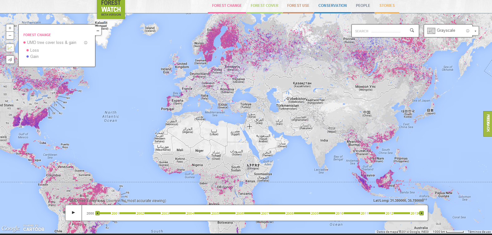 Mapa de Global Forest Watch. En fucsia, las pérdidas arbóreas, y en azul, las ganancias, a lo largo de los años. Fuente: Global Forest Watch.