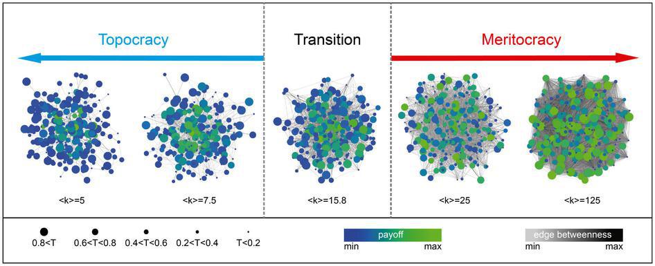 Transición entre redes topocráticas (menos densas) a otras meritocráticas (más densas). Fuente: Nature.