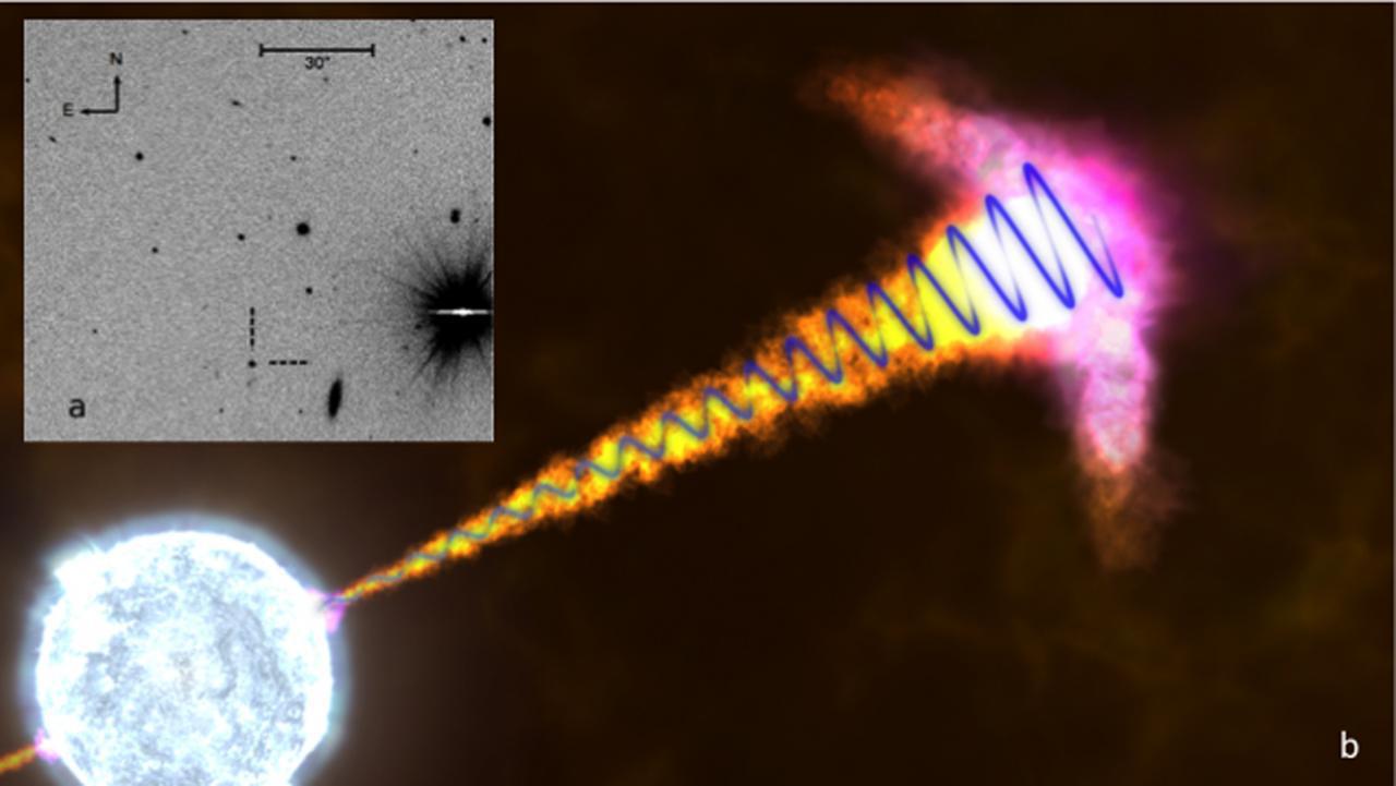 Recuadro superior izquierda (a): Imagen de GRB121024A -señalado con líneas discontinuas-. El destello corresponde a la explosión de una estrella aproximadamente hace once mil millones de años. cuando la edad del universo era solamente un tercio del actual. Recuadro general (b): Reproducción artística de GRB121024A, donde se observan los chorros emergiendo de la estrella moribunda, en el centro de la que se formaría un agujero negro. La onda azul que se propaga por el chorro representa la polarización circular detectada. Imagen: NASA, Goddard Space Flight Center/S. Wiessinger. Fuente: IAA-CSIC.