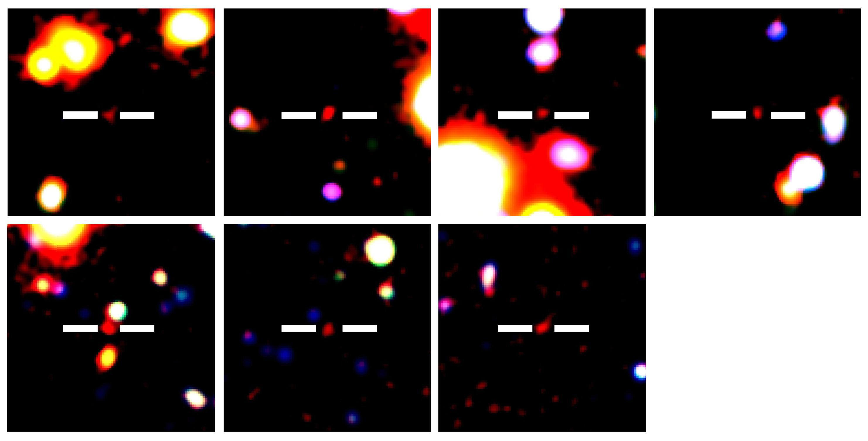 Las imágenes rojas entre dos líneas blancas representan las galaxias LAE encontradas. Fuente: Observatorio Astronómico Nacional de Japón.