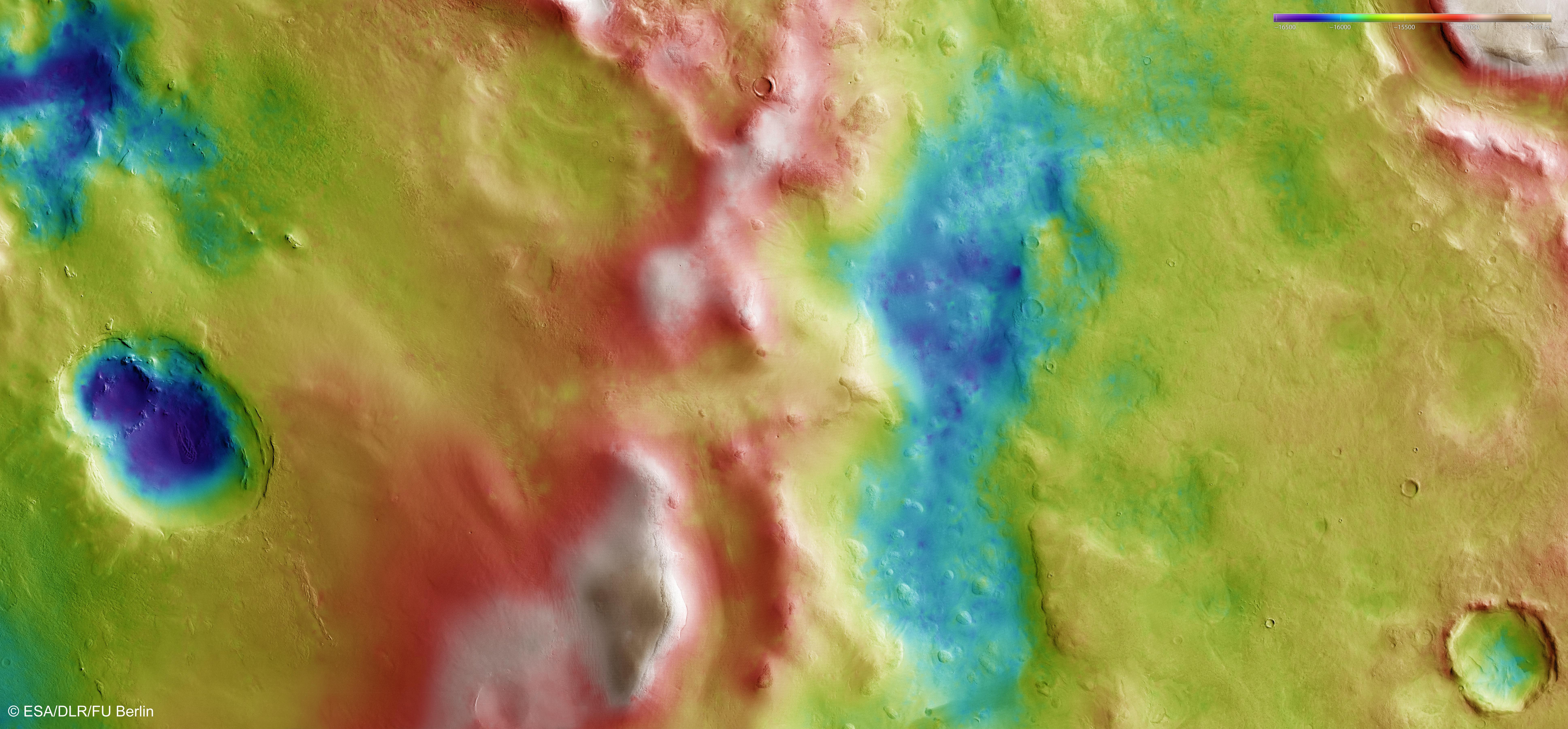 Vista topográfica de Hellas Chaos. Fuente: ESA/DLR/FU Berlin.