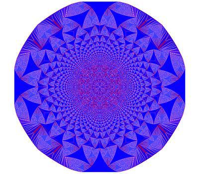 Fractal pila de arena estable, que comenzó con un millón de granos de arena en un cuadrado. Los coloreados en azul tienen tres granos, los púrpuras dos, los rojos uno y los blancos cero. Imagen: Levine/Pedgen/Smart. Fuente: Universidad de Cornell.