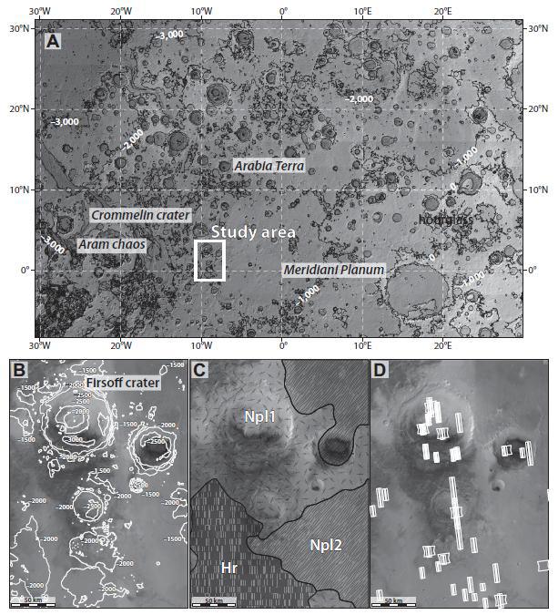 Mapa geológico de Arabia Terra, y detalles. Imagen: Pondrelli et al. Fuente: GSA Bulletin.