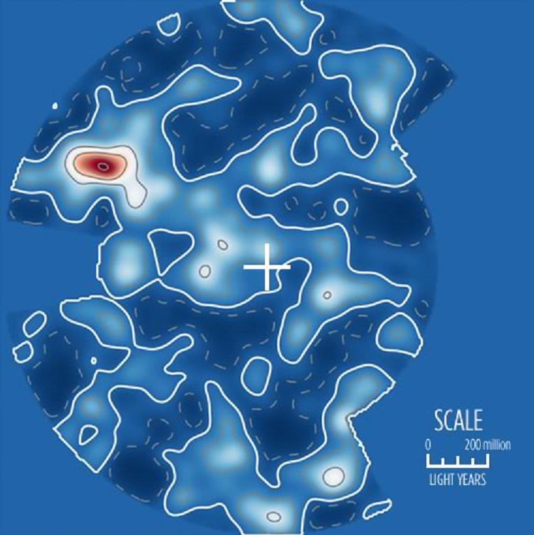Sección del nuevo mapa 3D del universo cercano. Nuestra galaxia, la Vía Láctea, está en el centro, marcada por una cruz. El mapa abarca casi dos mil millones de años luz, de lado a lado. Las regiones con muchas galaxias se muestran en blanco o en rojo, mientras que las regiones con un menor número de galaxias son de color azul oscuro. Fuente: Universidad de Waterloo.