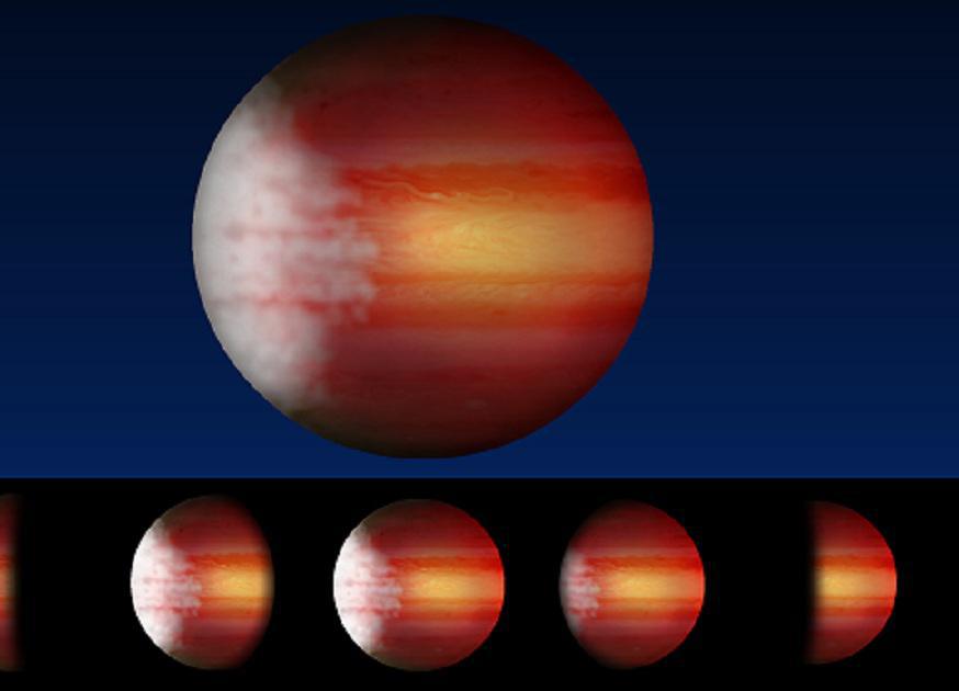Impresión artística de un exoplaneta con mañanas nubladas y tardes claras y abrasadoras; un ciclo de variaciones de fase que se producen a medida que diferentes partes del planeta están iluminadas por su estrella, según se ve desde la Tierra. Imagen: Lisa Esteves. Fuente: Universidad de Toronto.