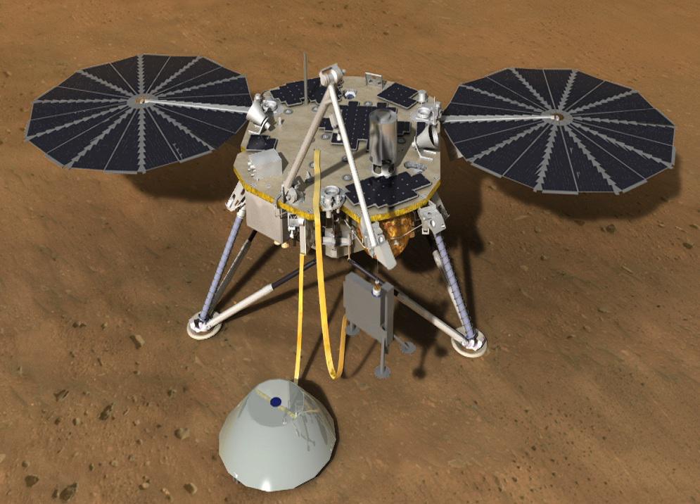 Visión artística de InSight, una de las misiones de la NASA en la que participará España. Fuente: NASA/JPL-Caltech.