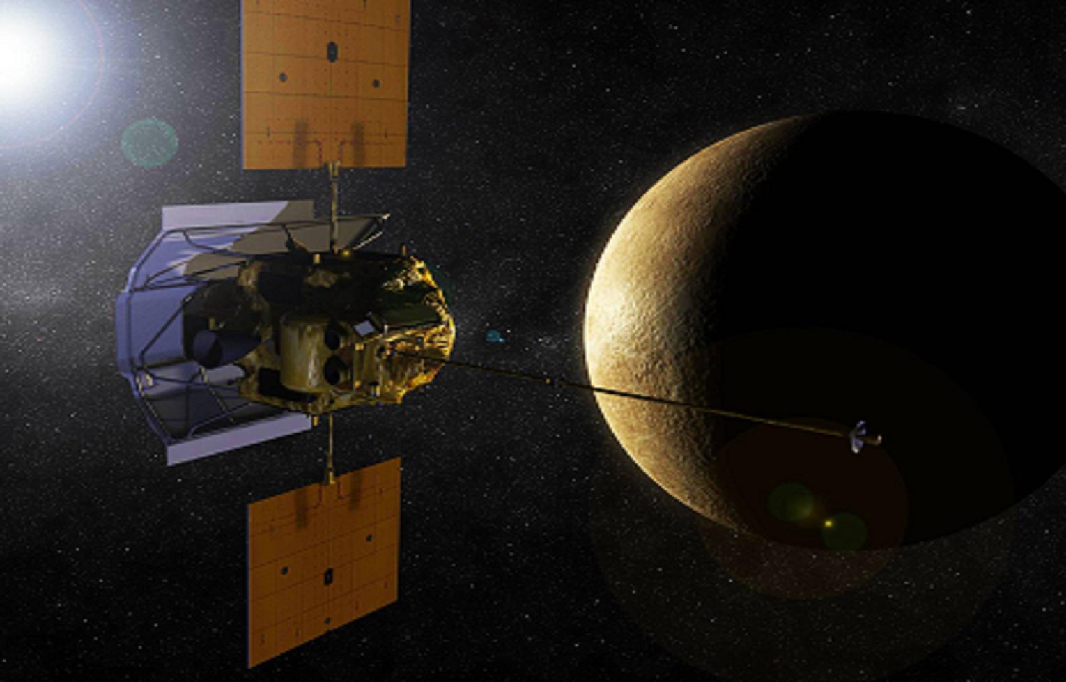 Representación artística de la sonda MESSENGER en órbita de Mercurio. Imagen: NASA. Fuente: Wikimedia Commons.