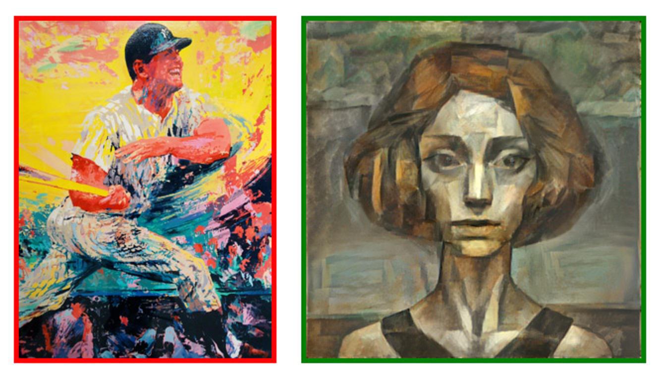 A la izquierda se muestra la pintura real (cuadro rojo) y a la derecha la generada por ordenador (cuadro verde) Fuente: DeepArt