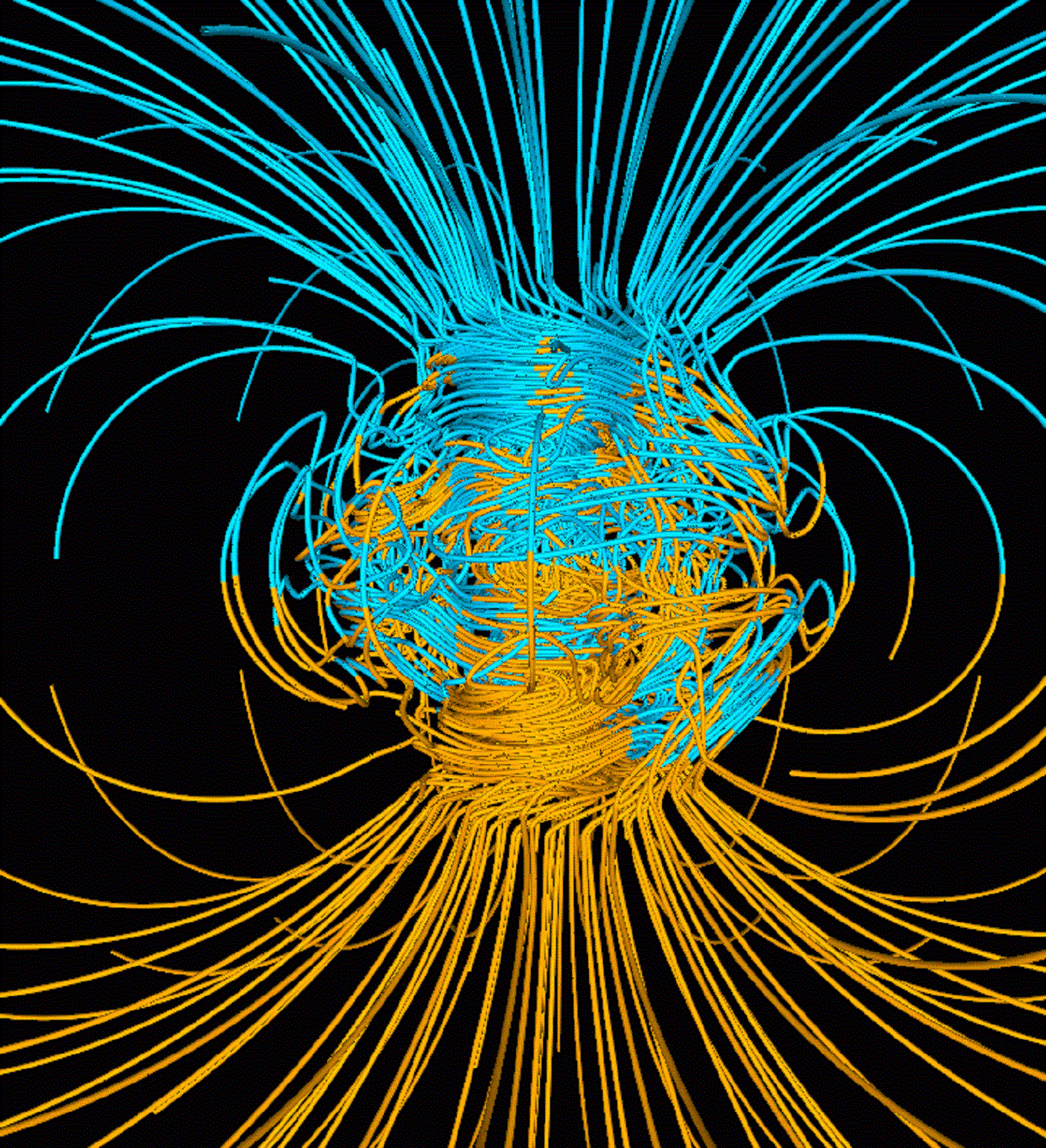Simulación por computadora de las líneas del campo terrestre en un periodo estándar entre inversiones (azules cuando el campo apunta hacia el centro y amarillas cuando apunta hacia fuera); el eje de rotación de la tierra está centrado en la vertical; la densa agrupación de líneas corresponde al interior del núcleo terrestre. Fuente: Wikipedia.