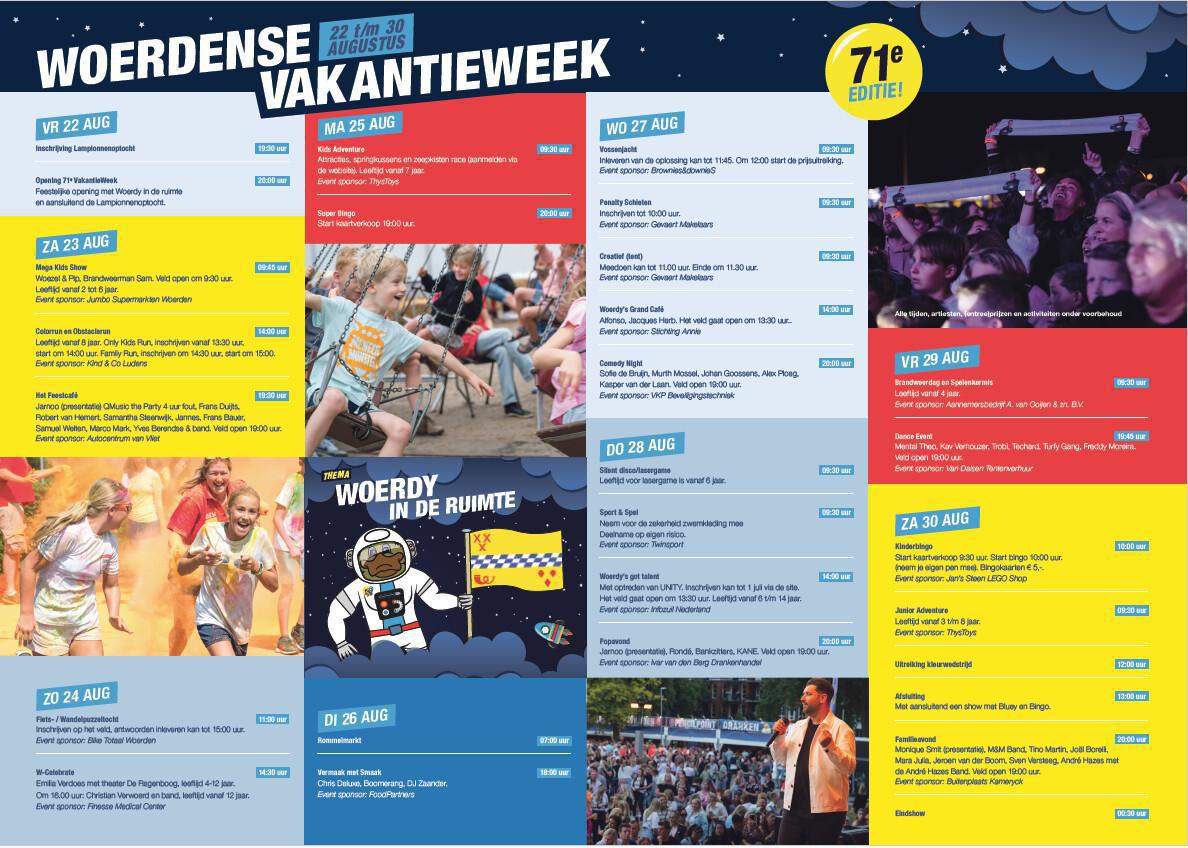 Het complete programma van de 71ste editie van de Woerdense VakantieWeek is bekend! Het complete programma van de 71ste editie van de Woerdense VakantieWeek is bekend!
