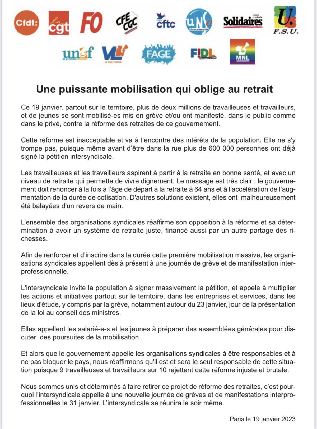 ✊ Contre la Réforme des Retraites: prochaine manif le mardi 31 janvier