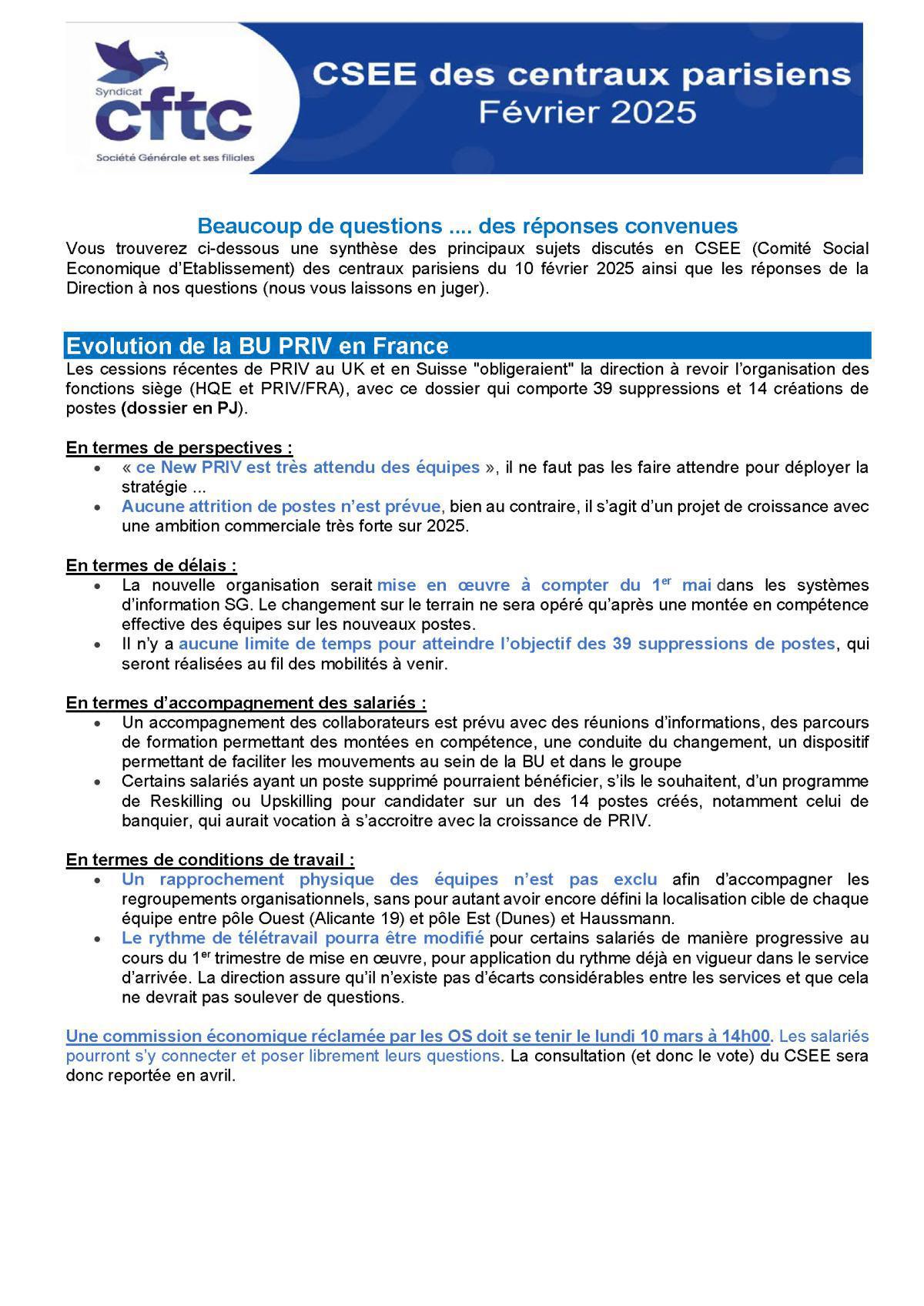 CSEE des centraux parisiens février 2025: Réorganisations, gel des mobilités et plus ..