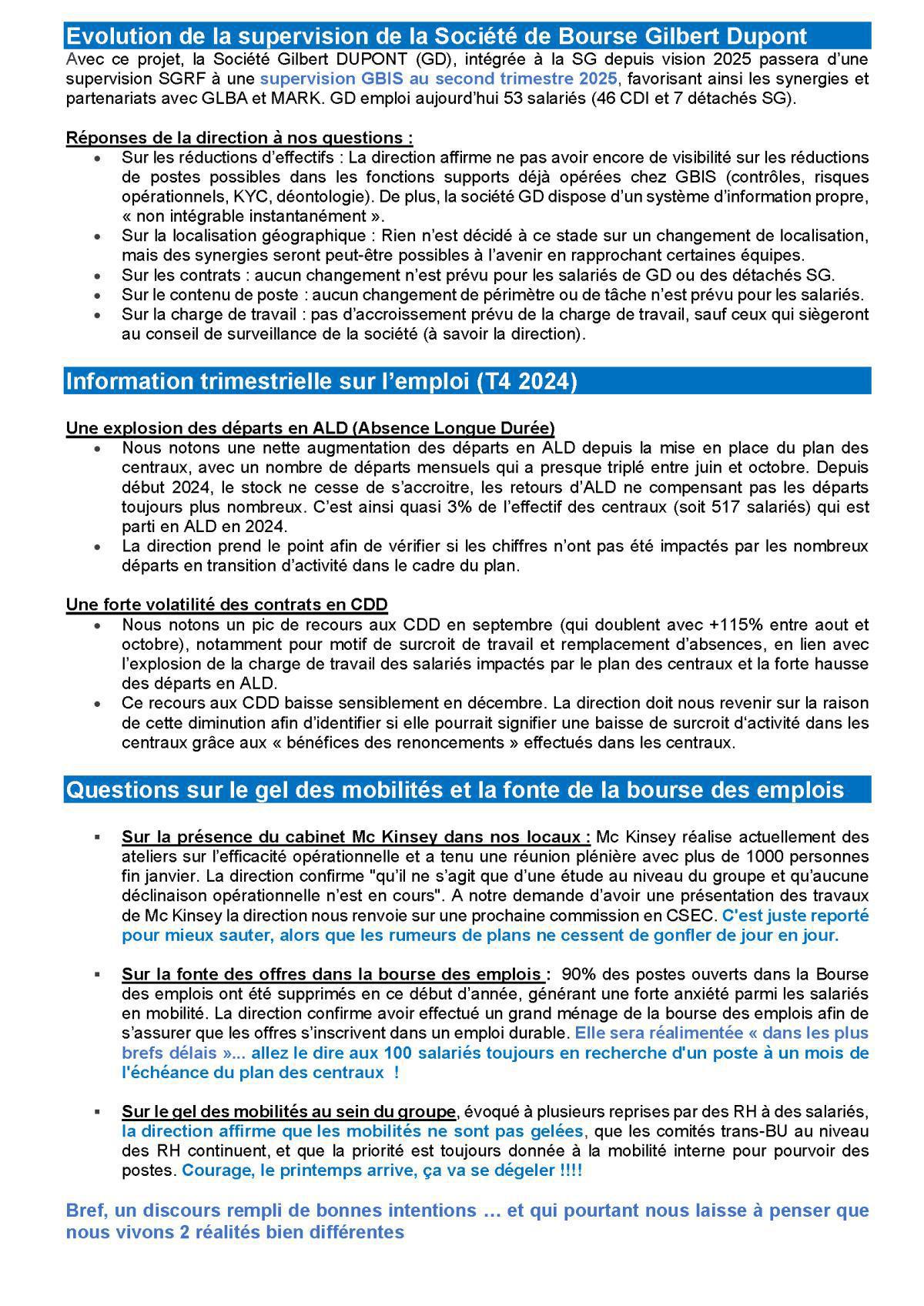 CSEE des centraux parisiens février 2025: Réorganisations, gel des mobilités et plus ..