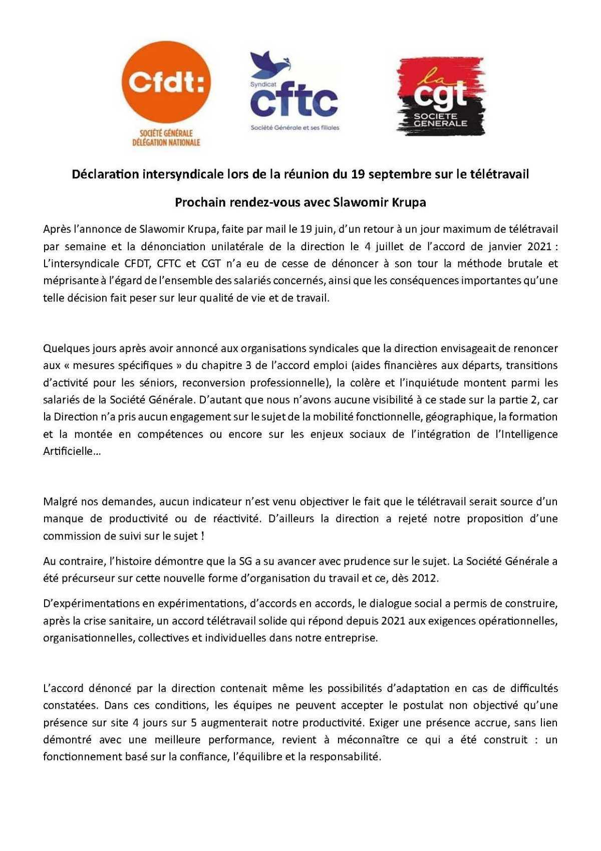 déclaration intersyndicale du 19 septembre suite réunion sur le télétravail
