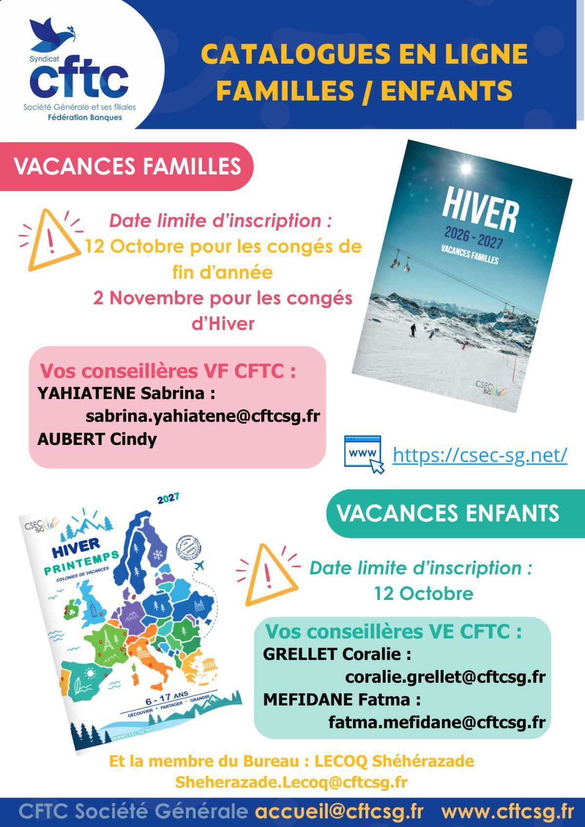 Le catalogue Vacances HIVER Enfants/Familles 2027 est en ligne
