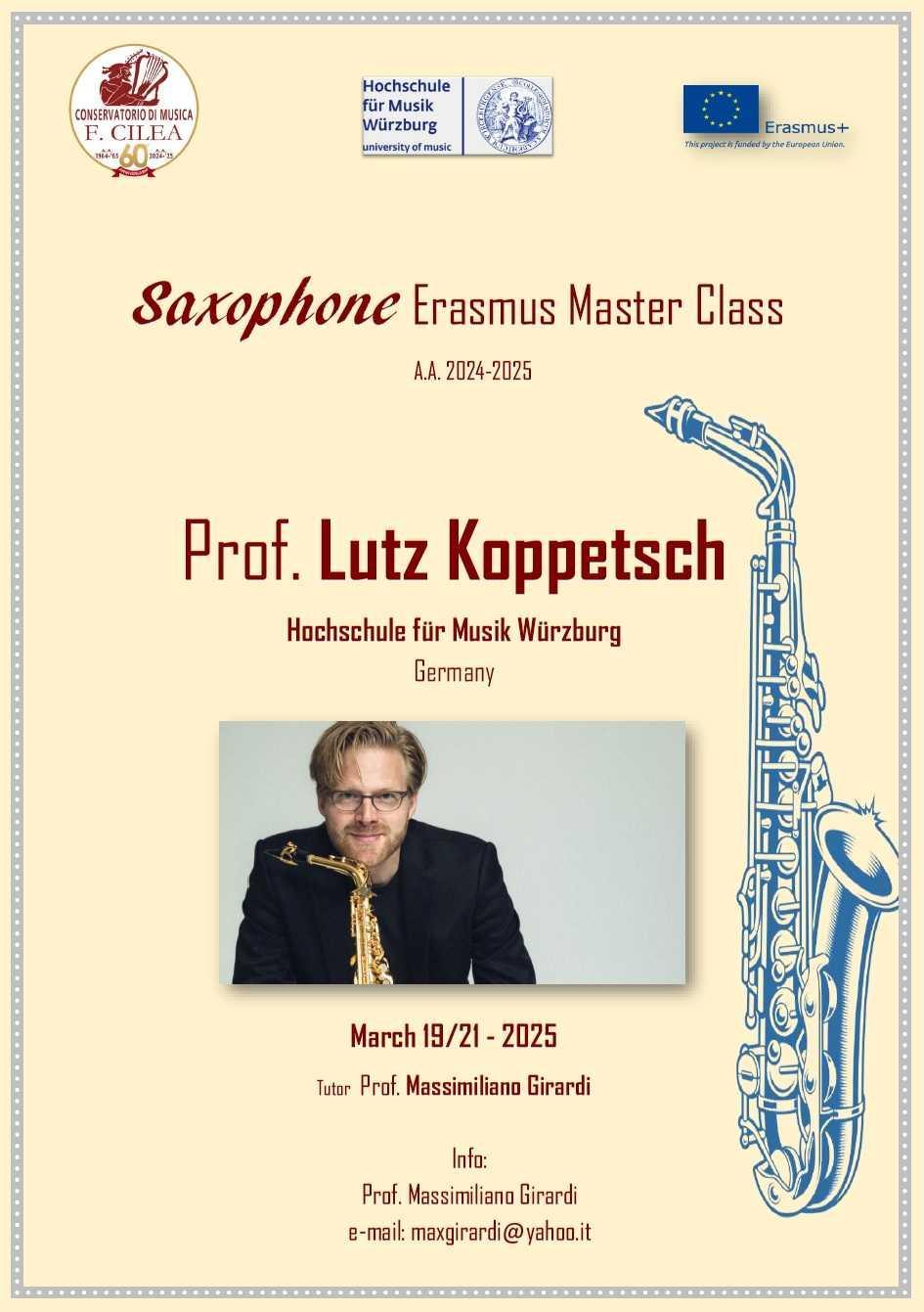 Masterclass Erasmus di Saxofono con il Prof. Lutz Koppetsch dell'Università di Würzburg