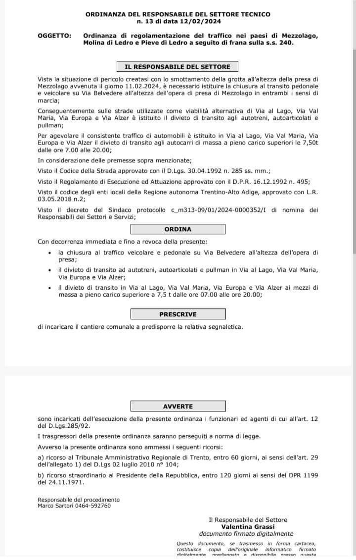 Frana in Valle di Ledro - Possibile riapertura a Marzo Frana in Valle di Ledro - Possibile riapertura a Marzo