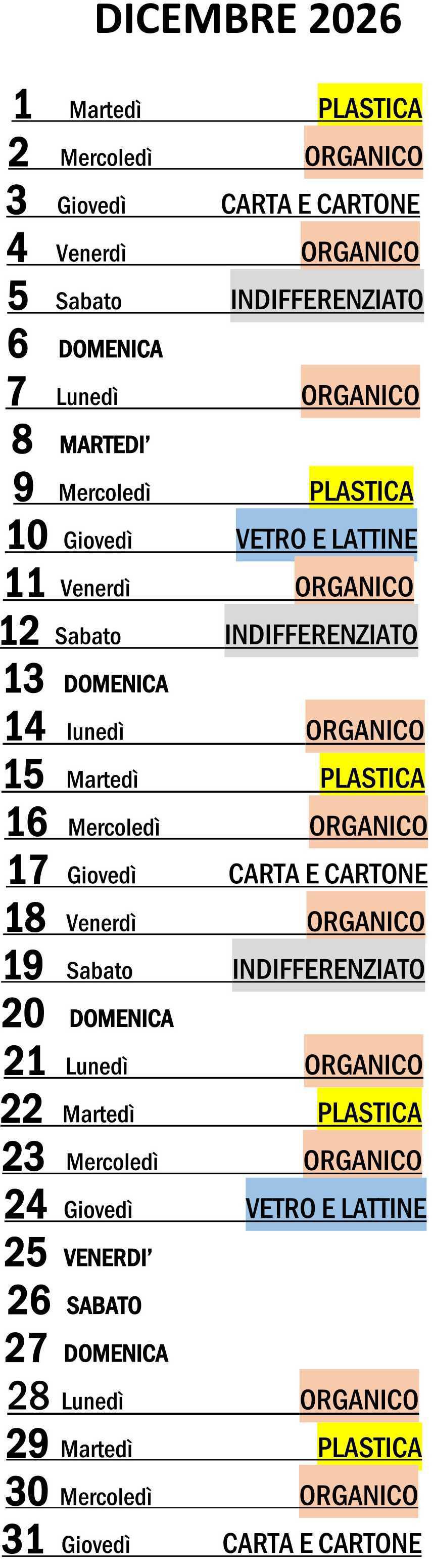 Calendario Porta a Porta
