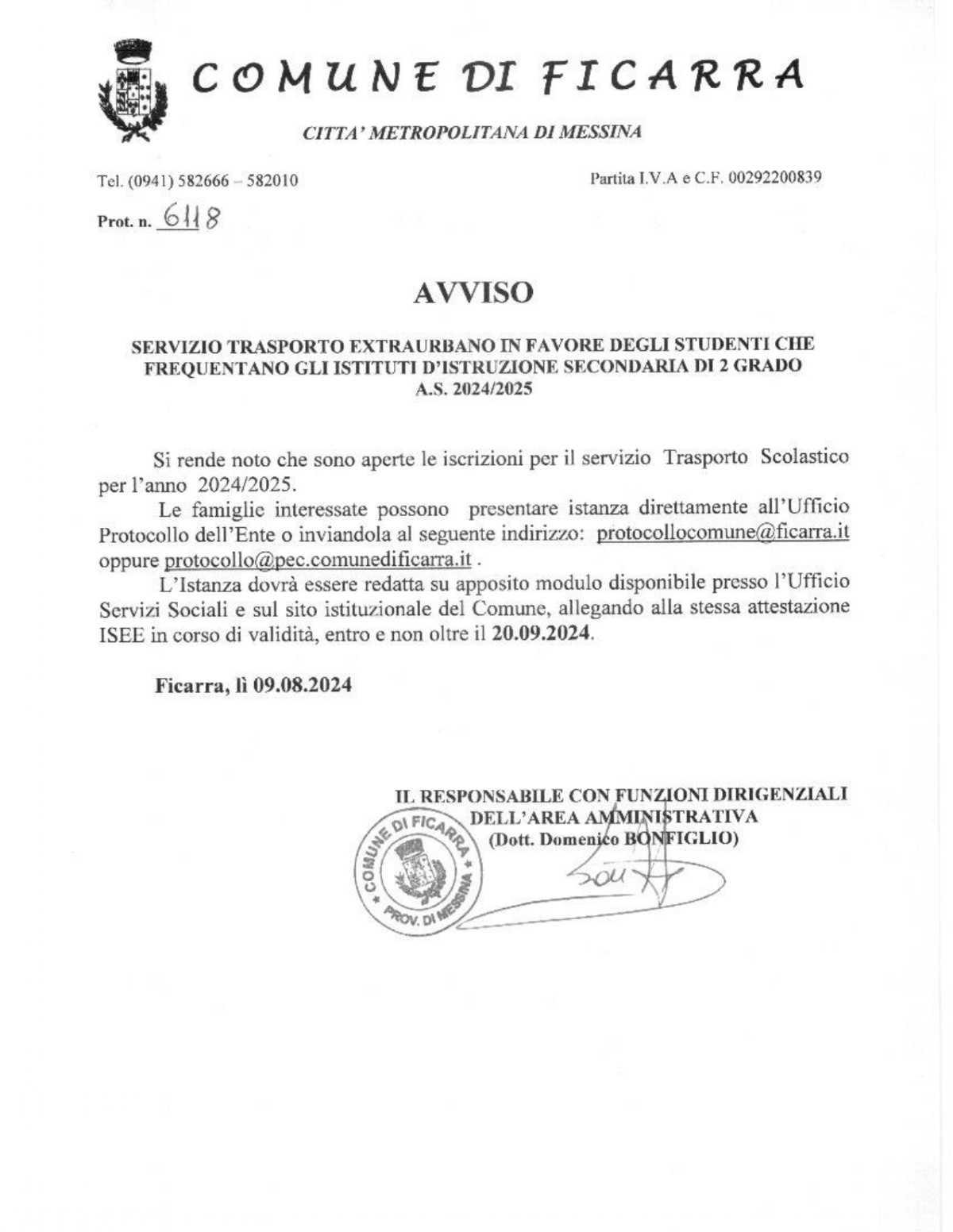 Avviso -SERVIZIO TRASPORTO EXTRAURBANO IN FAVORE DEGLI STUDENTI CHE FREQUENTANO GLI ISTITUTI D'ISTRUZIONE SECONDARIA DI 2 GRADO A.S. 2024/2025