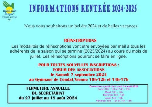 INFORMATIONS RENTRÉE SAISON 2024-2025
