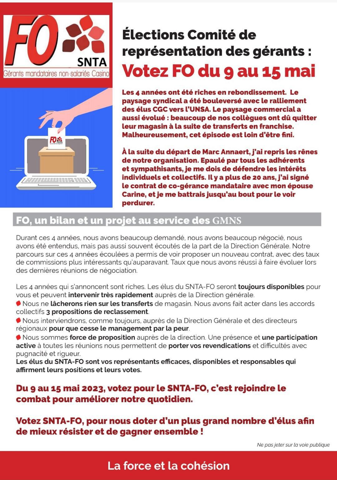 ELECTION COMITE DE REPRESENTATION DES GERANTS VOTEZ FO DU 9 AU 15 MAI 2023