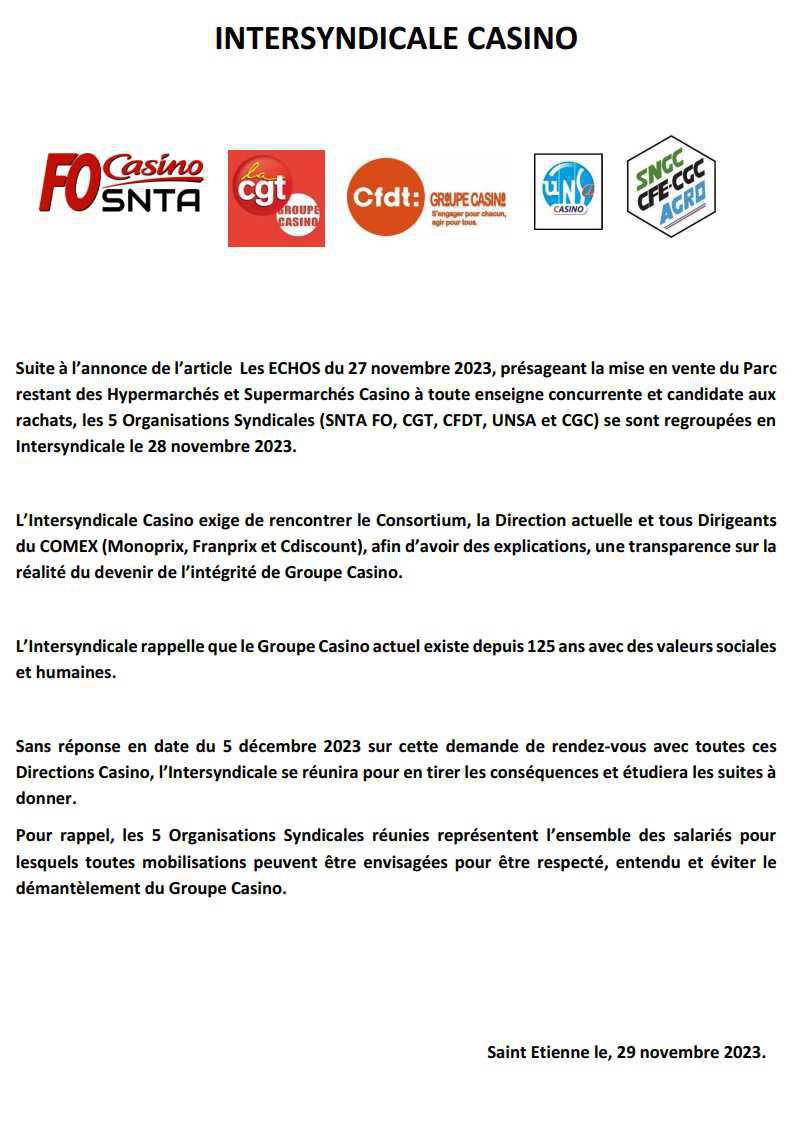ANNONCE- Intersyndicale CASINO ANNONCE- Intersyndicale CASINO