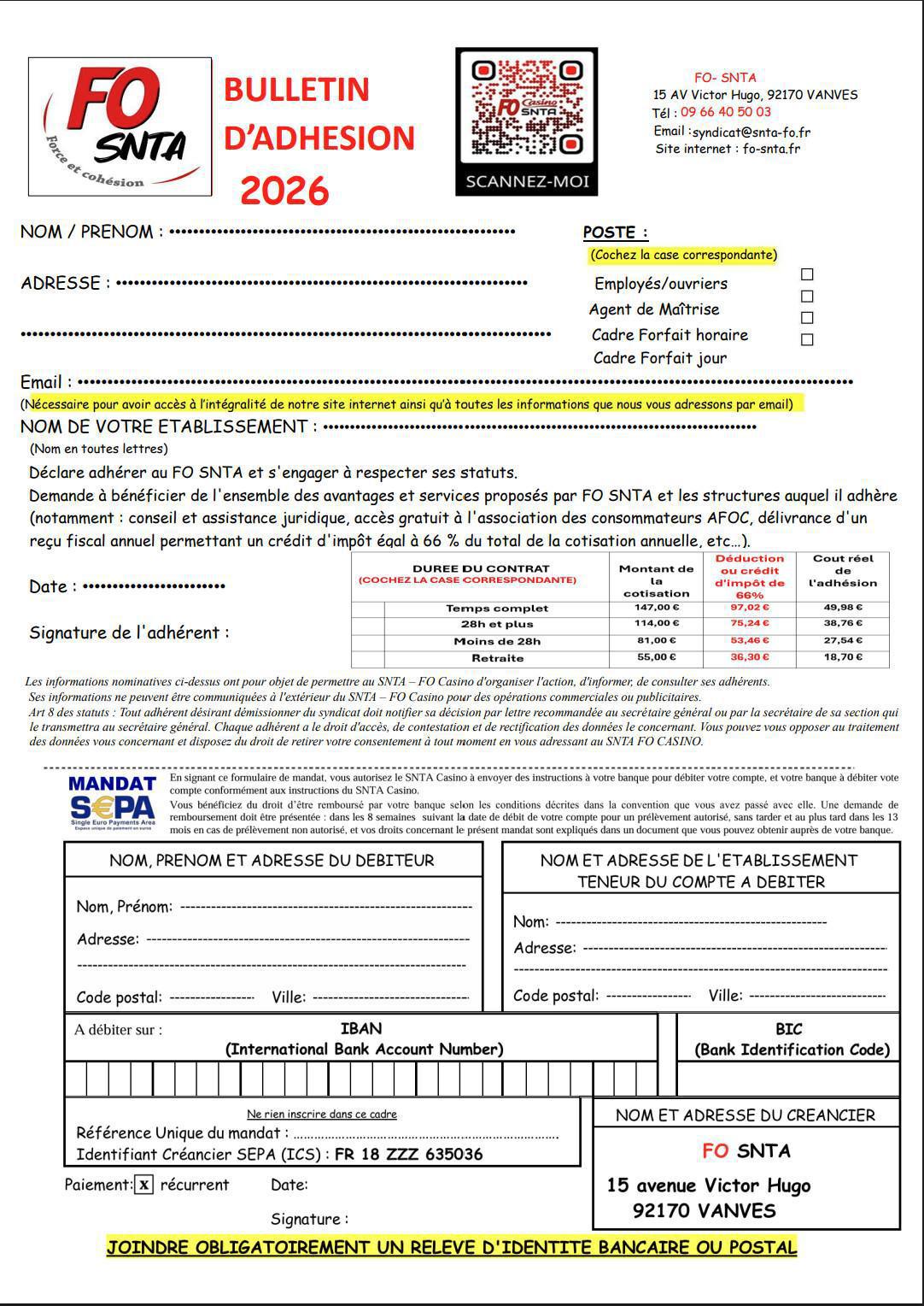 Bulletin d'adhésion FO SNTA 2026