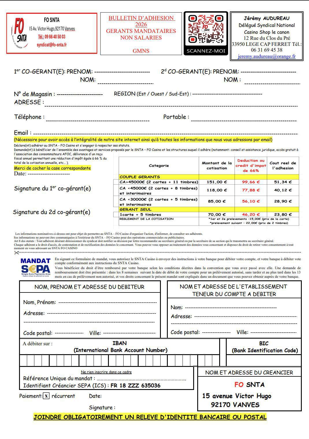 Bulletin adhésion FO SNTA 2026 GMNS