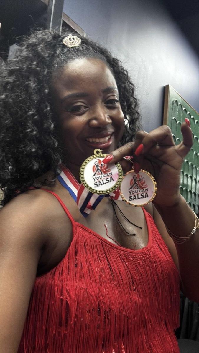 CONFIDENCE AND VICTORY! Myriam shows her hard work and training led her to go for the gold in her first Salsa Competition! 