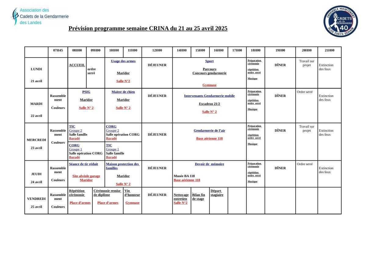 Planning de la formation des Cadets de la Gendarmerie des Landes du 21 au 25 avril 2025