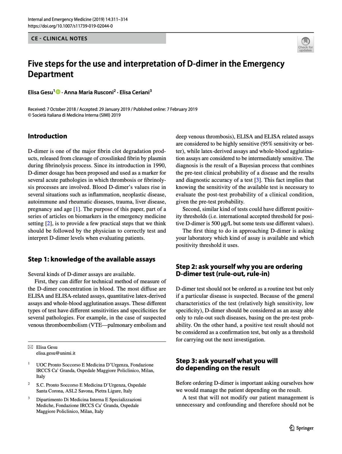 Five steps for the use and interpretation of D‐dimer in the Emergency Department