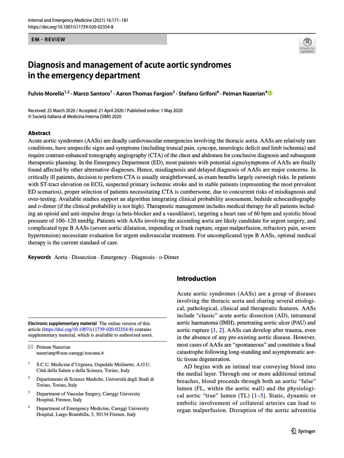 Diagnosis and management of acute aortic syndromes in the emergency department