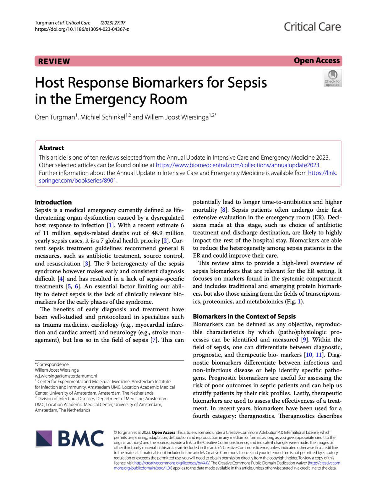 Host Response Biomarkers for Sepsis in the Emergency Room