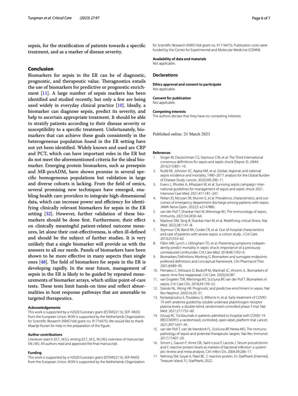 Host Response Biomarkers for Sepsis in the Emergency Room