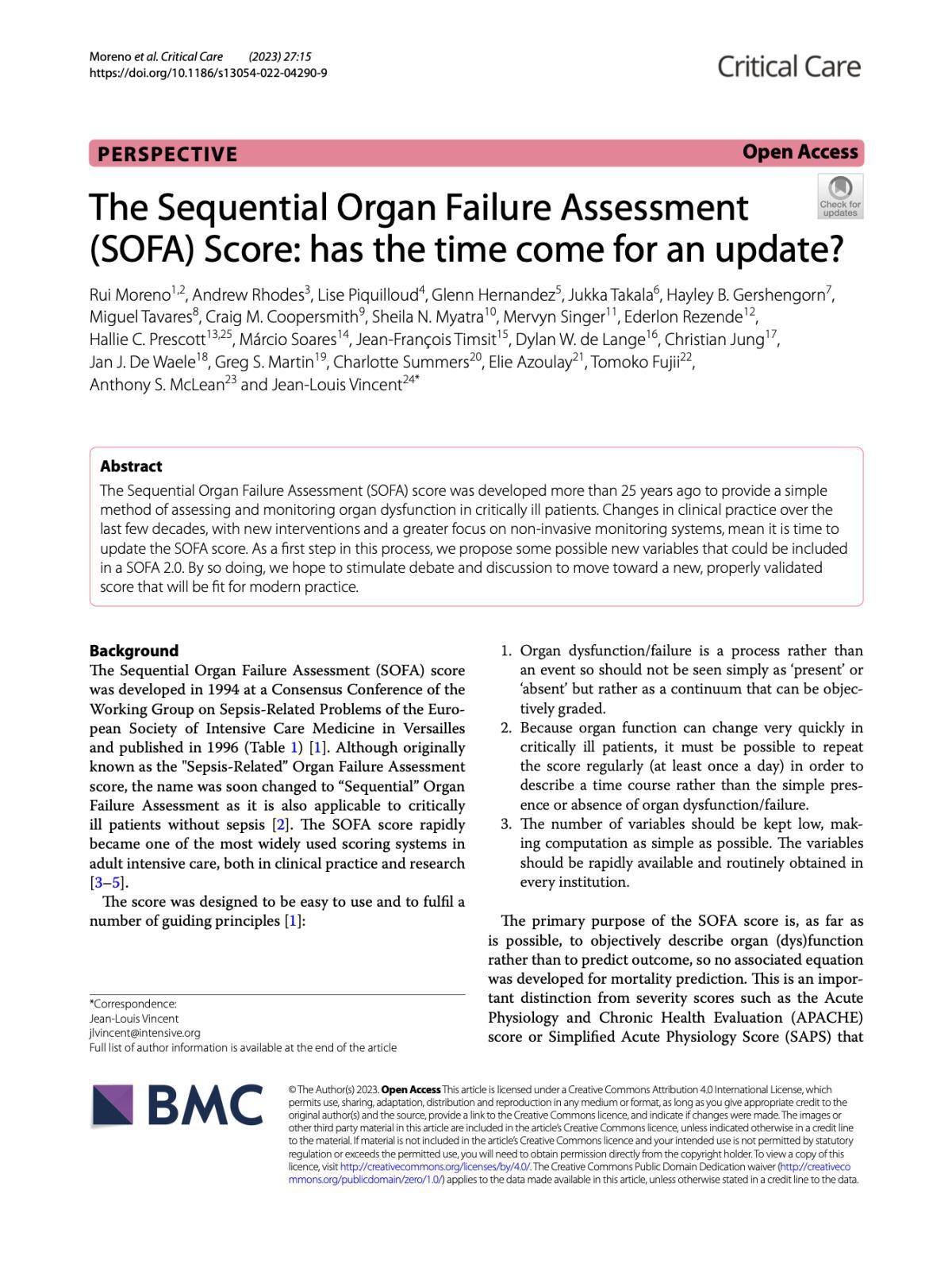 The Sequential Organ Failure Assessment (SOFA) Score: has the time come for an update?
