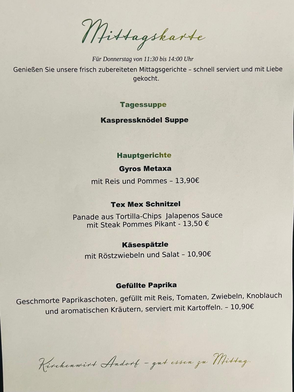 Kirchenwirt Mittagsmenü