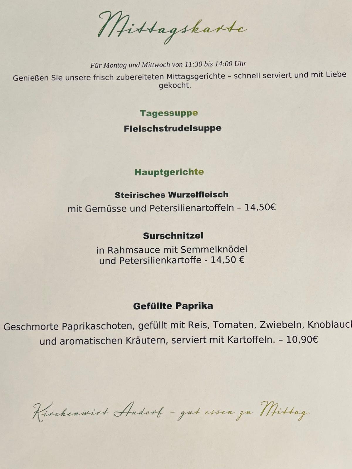 Kirchenwirt Mittagsmenü
