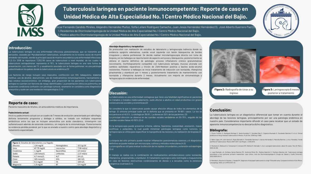 CNUM 11 - TUBERCULOSIS LARÍNGEA EN PACIENTE INMUNOCOMPETENTE: REPORTE DE CASO EN UNIDAD MÉDICA DE ALTA ESPECIALIDAD NO. 1 CENTRO MÉDICO NACIONAL DEL BAJÍO.