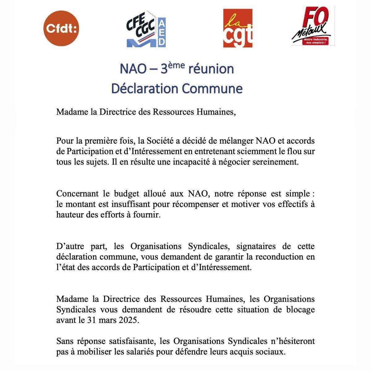 NAO 2025. Déclaration commune CFDT/CFE-CGC/CGT/FO à la 3ème réunion de négociation