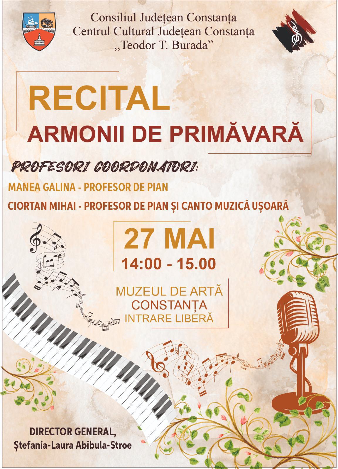 Recitaluri de primăvară ale cursanților Centrului Cultural Județean Constanța ,,Teodor T. Burada”, la Muzeul de Artă Recitaluri de primăvară ale cursanților Centrului Cultural Județean Constanța ,,Teodor T. Burada”, la Muzeul de Artă