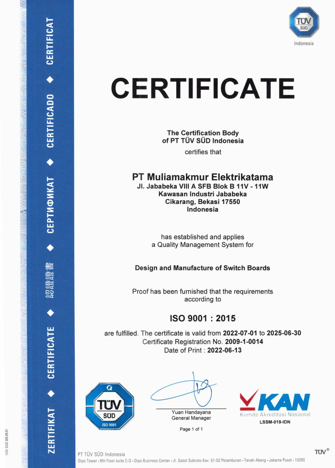 Certificate ISO 9001 2015 MME