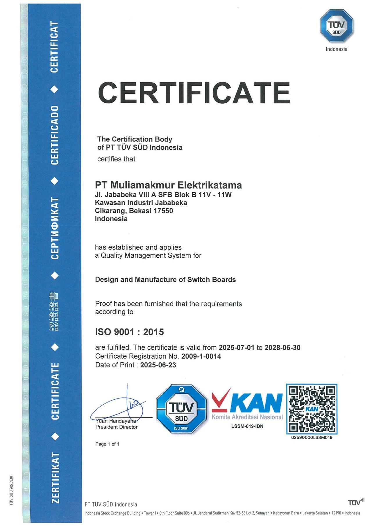 Certificate ISO 9001-PT Muliamakmur Elektrikatama